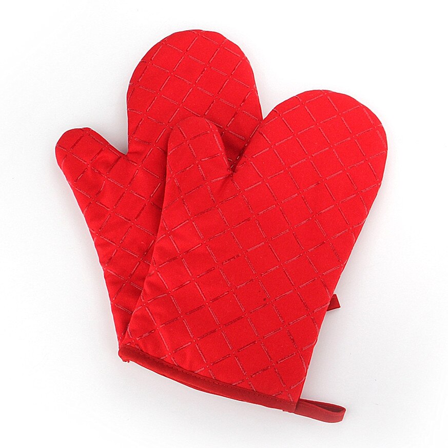 2 pcs Kitchen Oven Mitts With Non-Slip Silicone Printed Cotton Glove 1 Pair of Heat Resistant Cooking Baking Grilling Tools: Red