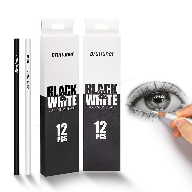 Crayons de couleur noir et blanc, 12 à 2 pièces, crayons de dessin de couleur permanents, crayons de couleur en bois à base d'huile pour artistes et artistes débutants