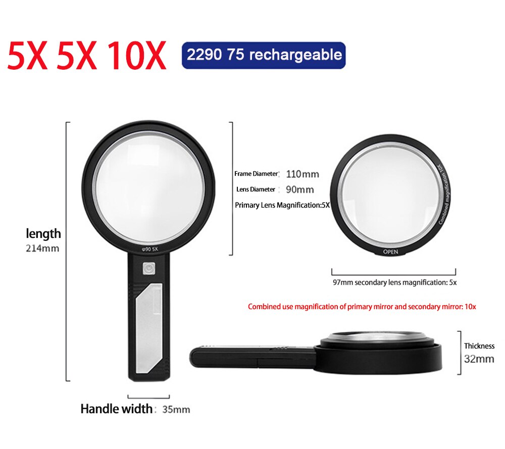 Lighted Magnifying Glass 5X 10X 15X Handheld Magnifying with 8 Led Lights, Optical Lens Illuminated Magnifier For Reading Repair: 2290 75 rechargeable
