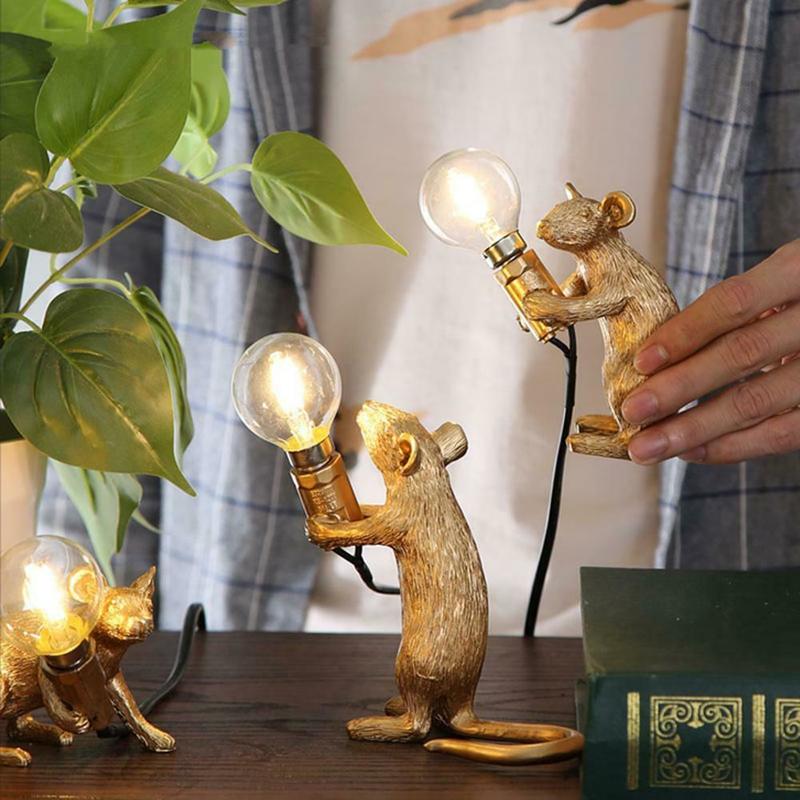 Dreamburgh Nordic Resin Rat Mouse Lamp LED Table Lamp Modern Small Mini Golden Mouse Cute LED Desk Lamp Home Decor Desk Lights