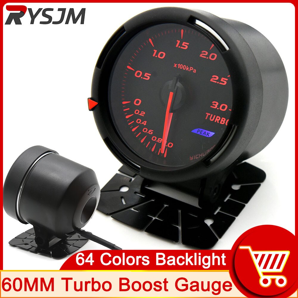 Medidor de presión Turbo para coche, tacómetro de 60mm, temperatura del agua, presión de aceite, Rpm, 64 colores