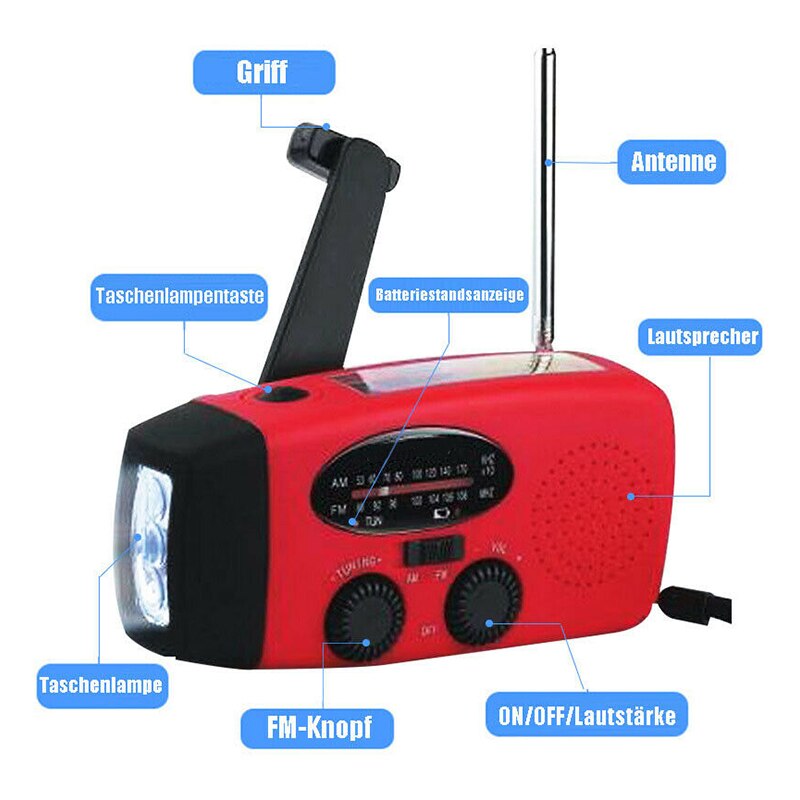 Radio portátil am fm de emergencia para exteriores, radio solar autoalimentada con manivela y 3 linternas led para senderismo y emergencia.