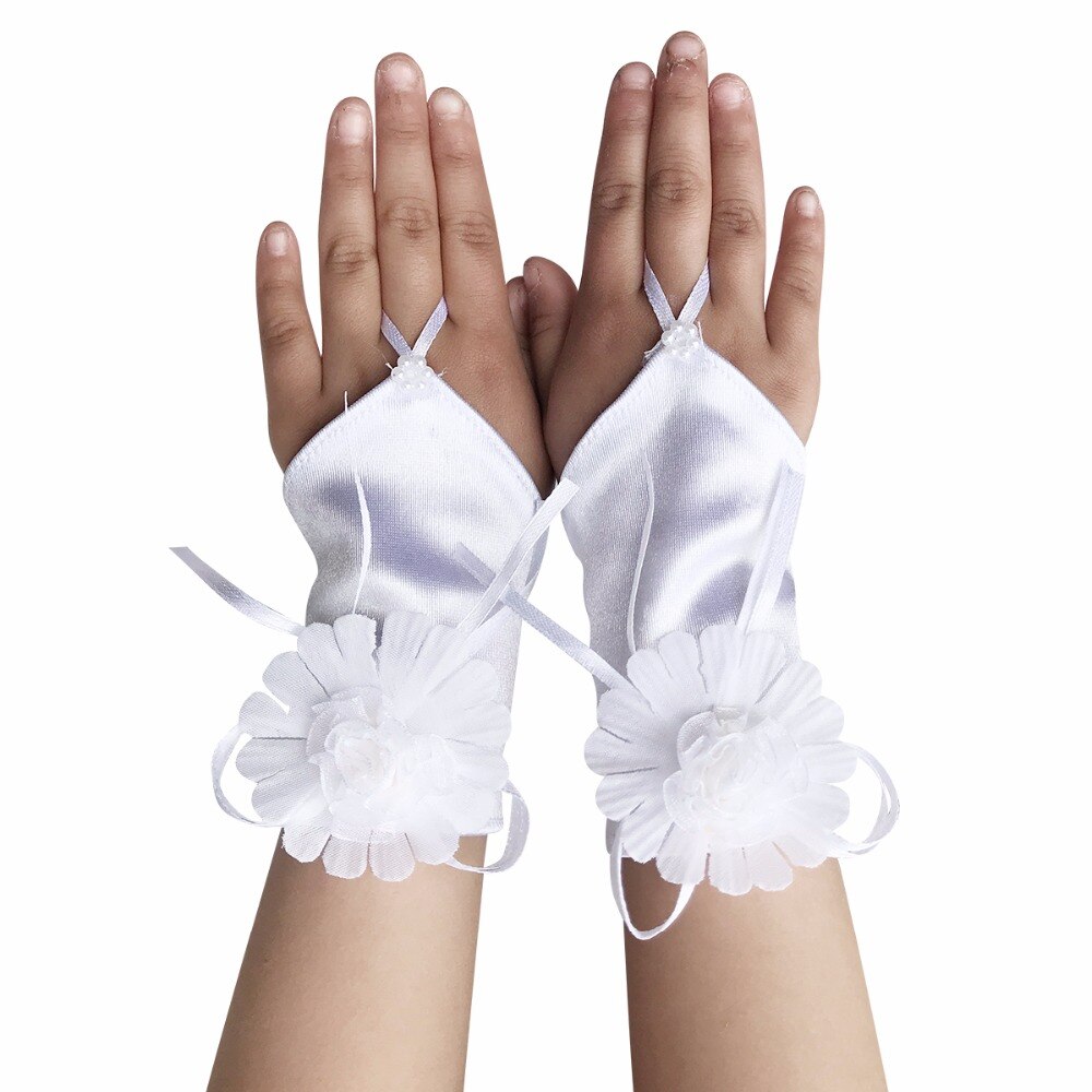 Meninas branco fingerless cetim pérola acentuado comunhão flor menina luvas comunhão santa noite traje festa ocasião especial