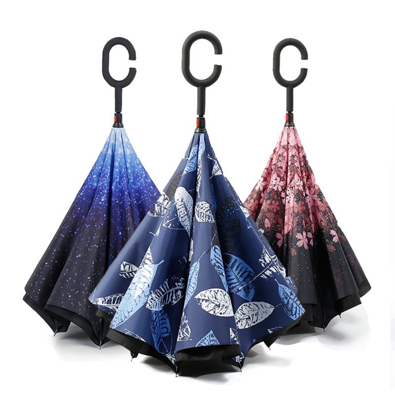 C Handle Windproof Reverse Folding Umbrella Man Women Sunscreen Rain Umbrella Double Layer Anti UV Self Stand Umbrella