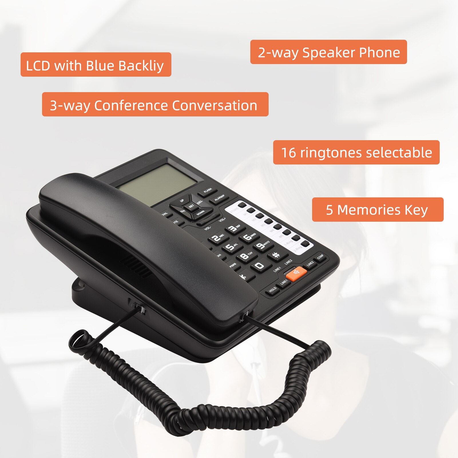 OR6400 2-Line Desktop Corded Telephone with Answering System Caller ID/Call Waiting Backlight LCD and Handset/Base for Office