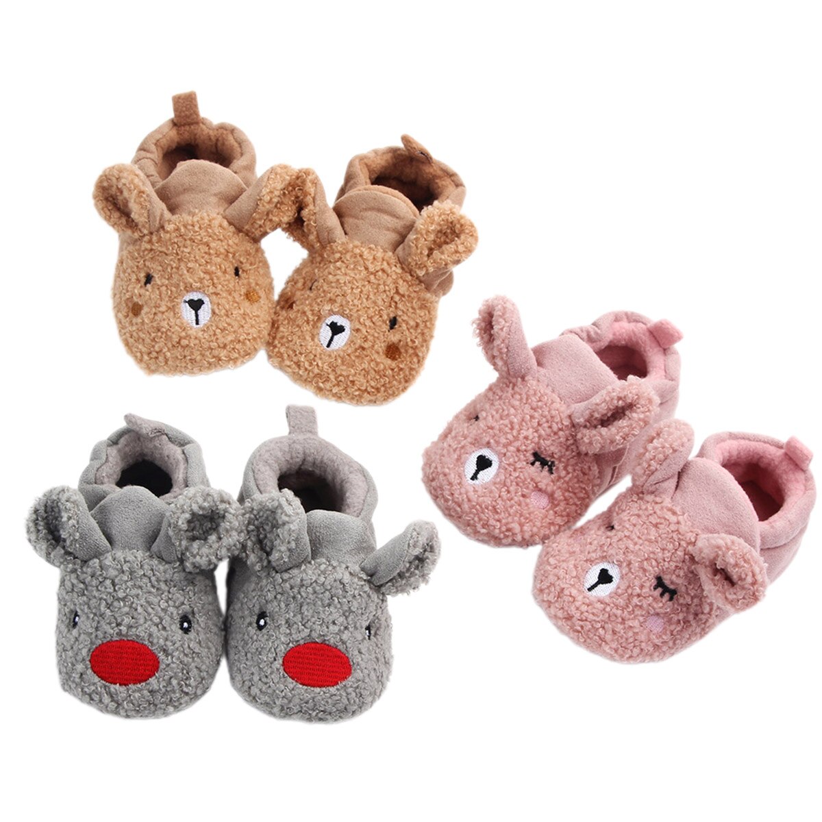 Bebis pojkar tjejer fleece tossor mjuk sula vinter varma tofflor halkfria spädbarn hus spjälsäng skor med djur öron