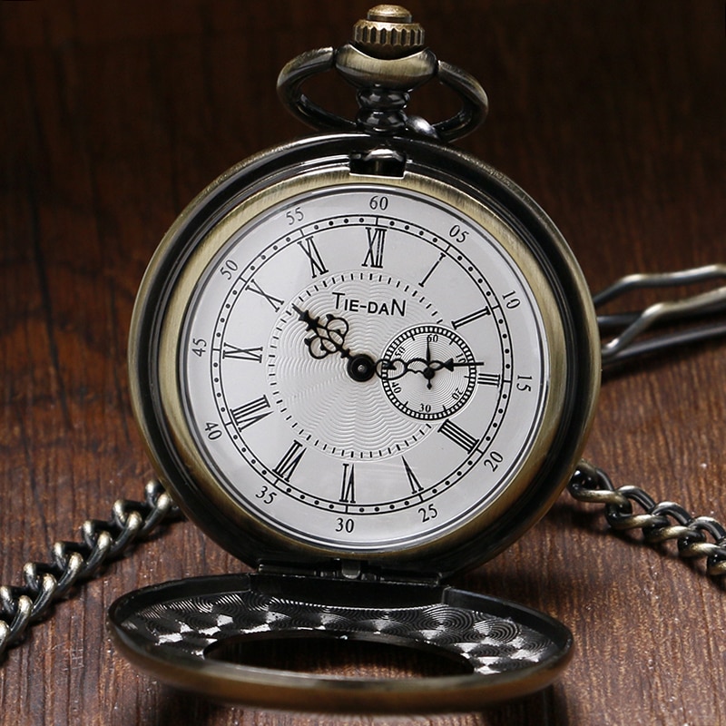 Half Hunter Bronze Quartz Pocket Watch Unique Small Second Dial Vintage Pocket Pendant Clock with Chain Reloj de bolsillo