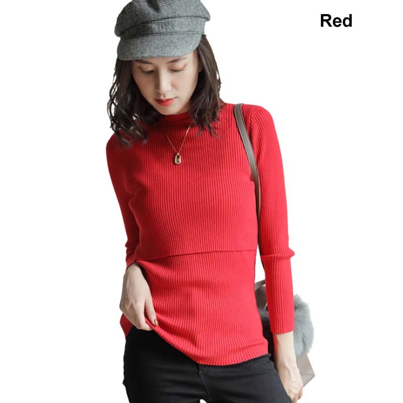 Zwangerschapskleding lange mouwen dames tops slanke voedingskleding herfst winter dames trui comfortabele zwangerschapsoutfit: Rood