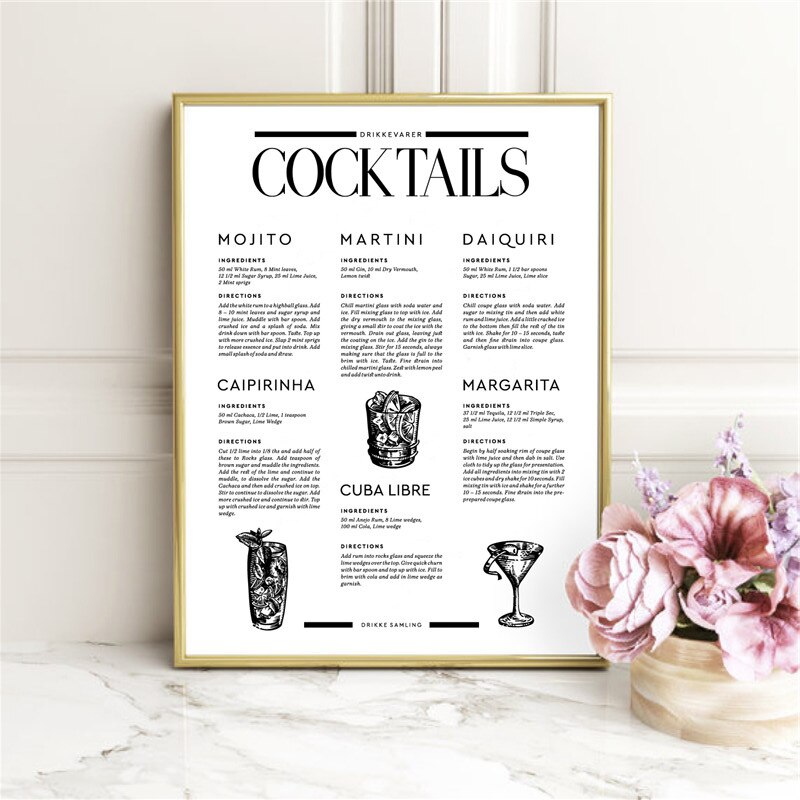 Handtekening Dranken Cocktail Poster Nordic Wall Art Print Cocktail Poster Wijn Winkelwagen Art Dorm Decoraties Retro Poster Kraftpapier