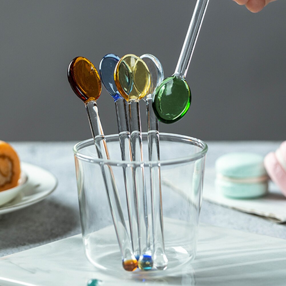 Cucharas de vidrio resistentes al calor, cuchara de café transparente de mango largo, cuchara de postre, 4 Uds.