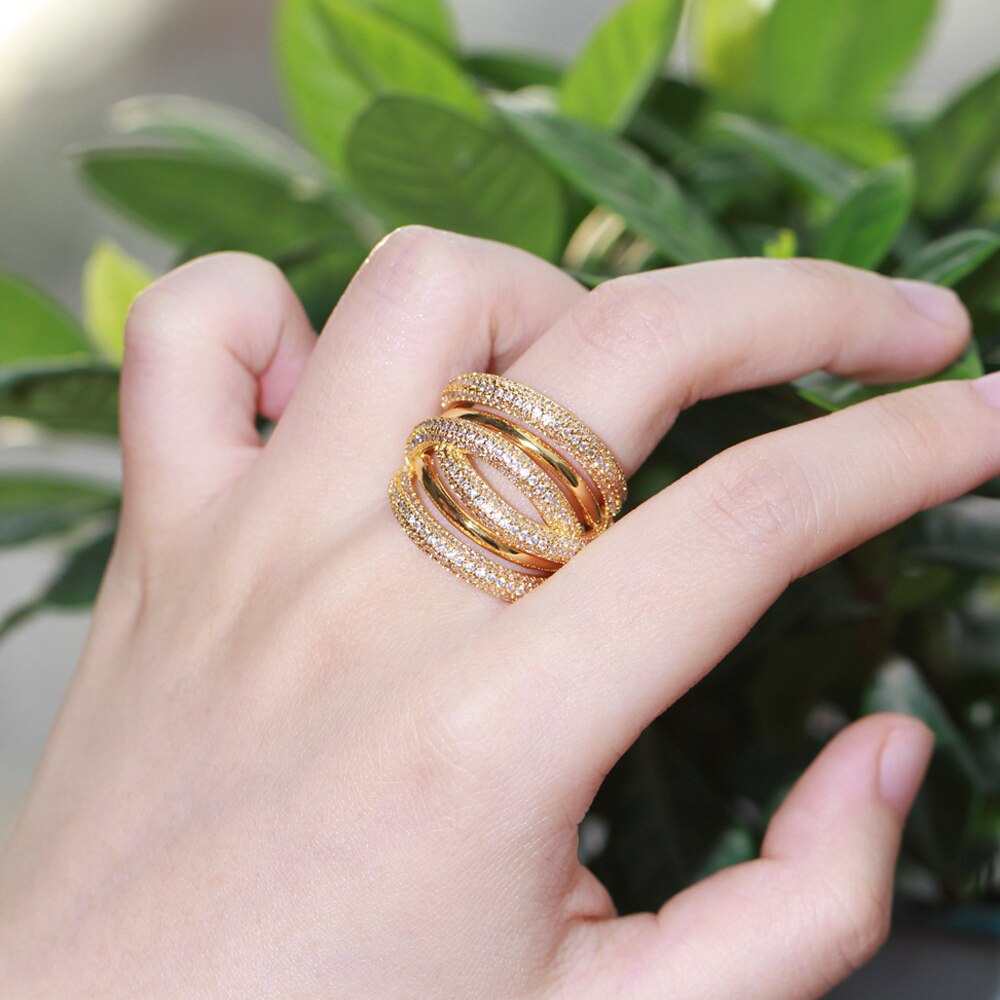 Threegraces marken-eheringe aus dubai mit zirkonia-kristallen in goldfarbe, mehrlagig, für bräute, partyschmuck, kostümschmuck  rg148