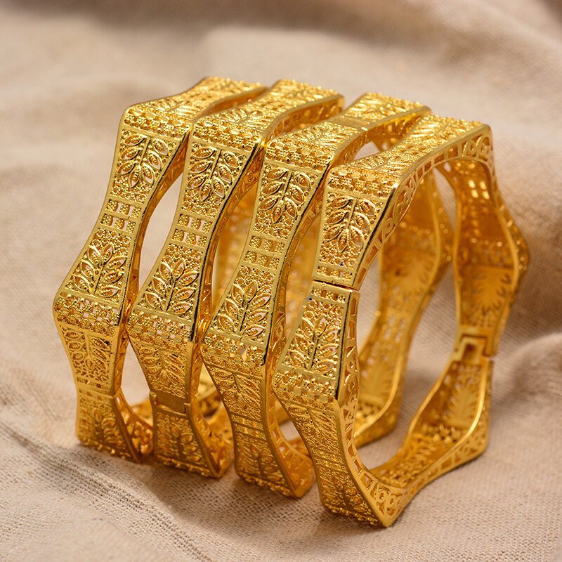 4Pcs Dubai Arab wheat Gold Color Bracelet&amp;Bangles for Women Girl Islam Muslim Arab Middle Eastern Wedding Copper Jewelry Bangle