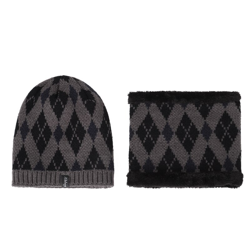 Winter Warm Pak Hoeden Sjaal 2 Stuk Fluwelen Katoenen Mannen Beanie Hat Unisex Ring Bib Skullcap Hedging Caps klassieke Plaid: Gray