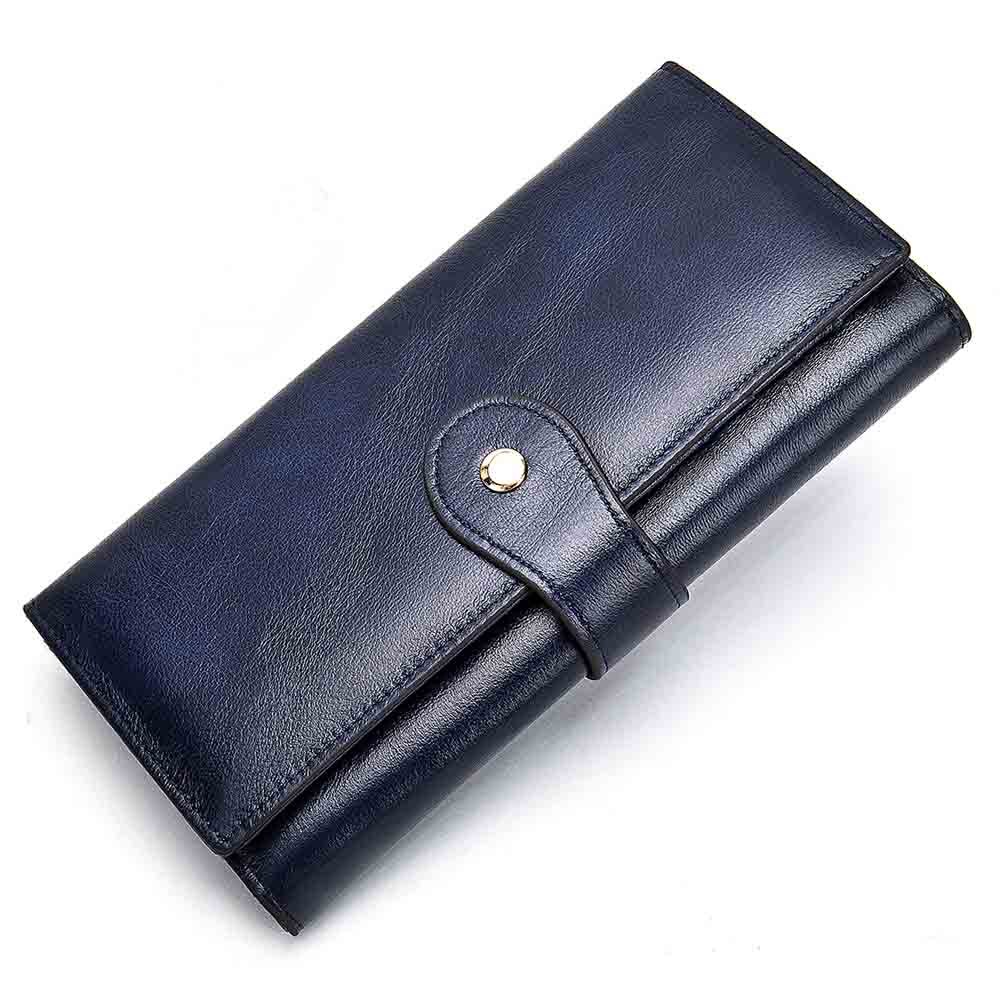 Billeteras para mujer, carteras de cuero con grabado de nombre y broche para mujer, monederos largos 100% de cuero genuino, Cartera de para mujer: Blue