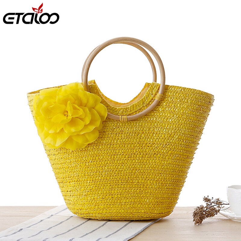 Vrouwen Zomer Handtas Maakt Up Hand Geweven Zak Bloem Hand Carry Strozak Strandtas Handtassen &amp; Crossbody Tassen Mobiele telefoon Tas: YELLOW