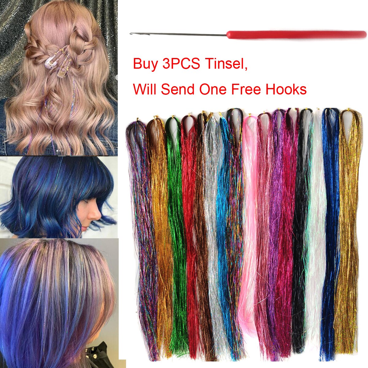 1PC Glitter Shiny Strands Hair Tinsel Dazzles Synthetic Hair Extensions Sparkle Women Accessories Threads For Hair Braids 90cm