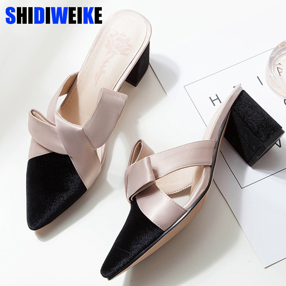 Bowknot kvinnor tofflor spetsiga tå höga klackar tofflor dam kvinnor skor zapatos mujer  n960