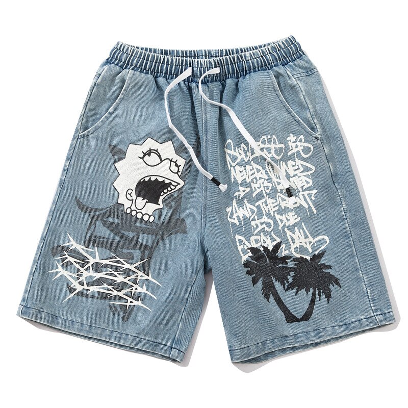 Hip Hop Denim Shorts Streetwear Paint Cartoon Letter Jeans Shorts Men Harajuku Cotton Summer Harajuku Short Pant WO292