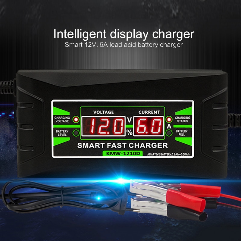 Full Automatic Car Battery Charger 90V To 260V To 12V 6A Intelligent Fast Power Charging Wet Dry Lead Acid Digital LCD