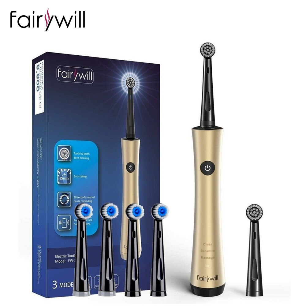 Fairywill Sonic Electric Toothbrush FW2205 USB Charge Rechargeable Replacement Heads Waterproof Smart Timer Whitening for Adult: 2205Gold-FW31