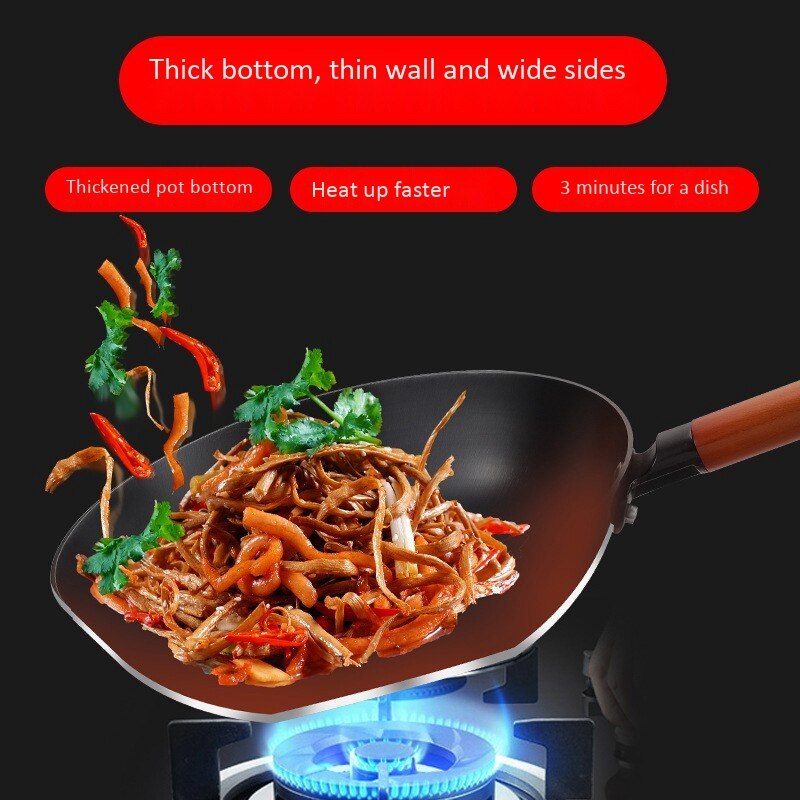 Carbon Steel Wok Chinese Style Flat-Bottomed Cast Iron Stirring Pot for Electric Stove and Induction Cooker -12.5 Inches