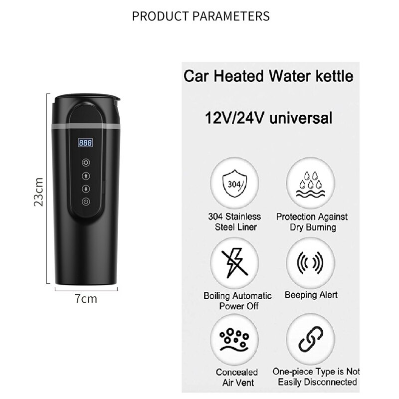 12v/24v 420ml rustfritt stål bilvarmekopp lcd-skjerm elektrisk vannkopp bærbar vannkoker kaffe te melk oppvarmet