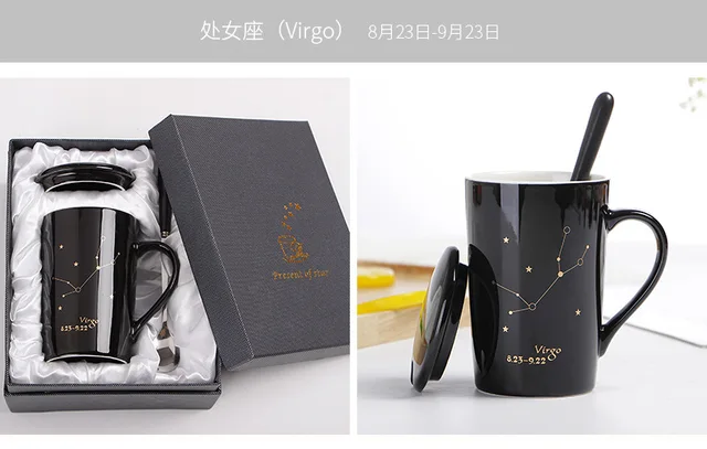 Con caja de , tazas de cerámica de 12 constelaciones, tapa de cuchara, porcelana negra y dorada, taza de café con leche del zodiaco, agua de 400ML: Azul
