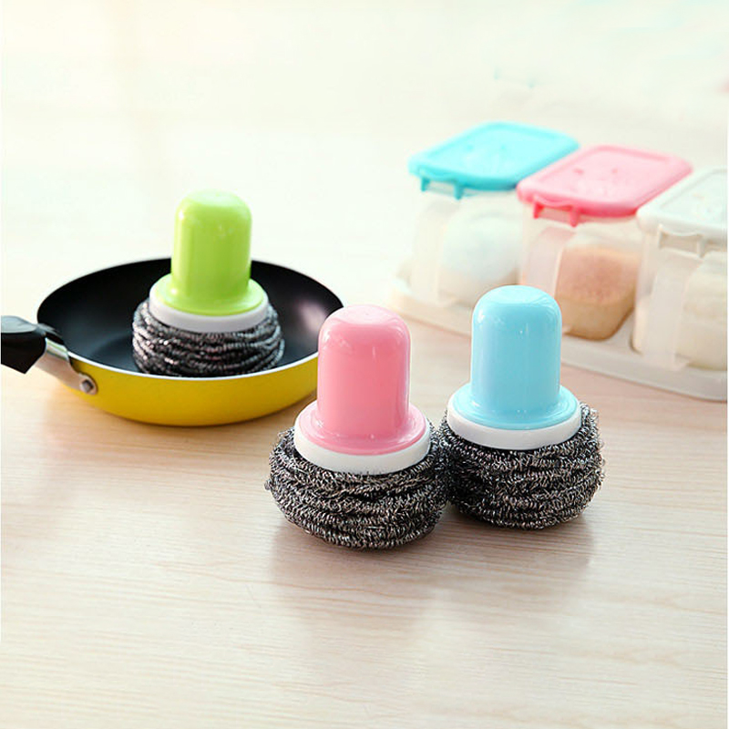 Met Handvat Keuken Schoonmaken Tool multi-color Ronde Vervangbare Handvat Staal Bal Borstel Sterke Decontaminatie Wassen Pot
