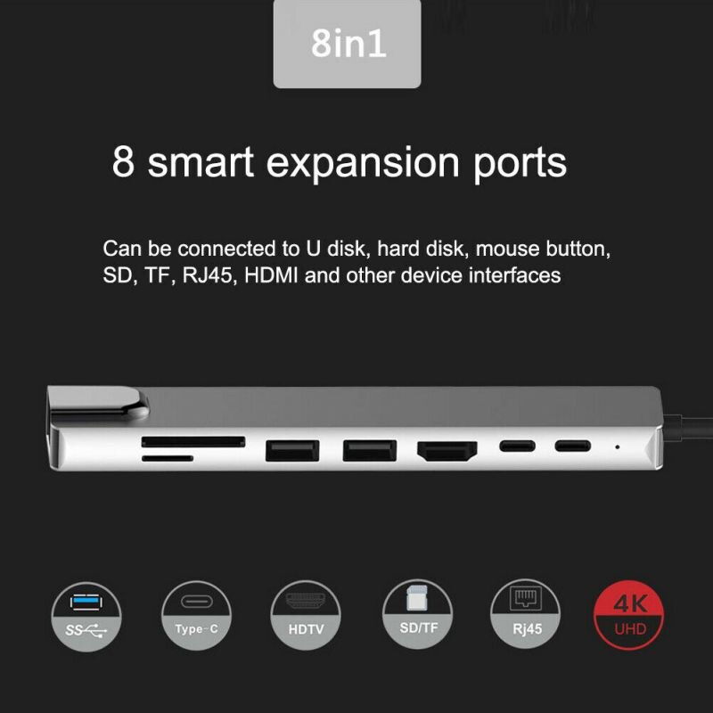 8-in-1 USB-C Hub - 4K HDMI, 3x USB 3.0, SD/TF Card Reader, 100W PD, RJ45 Ethernet
