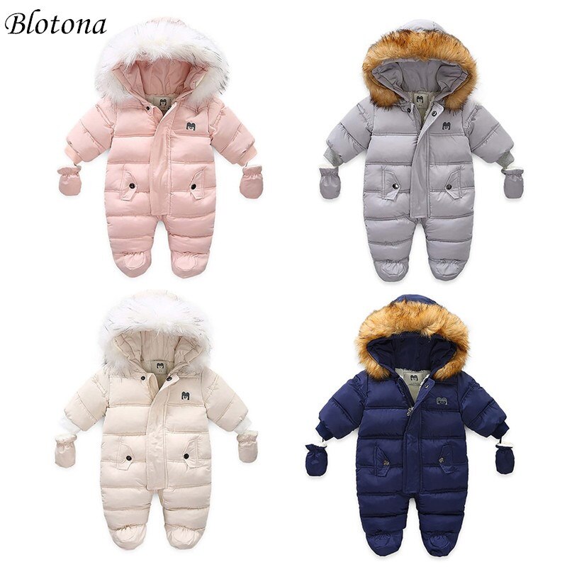 Blotona Baby Meisjes Jongens Rits Hooded Down Jumpsuits Met Handschoenen Winter Warm Katoen Footies Romper Speelpakje Outfits 3-24M