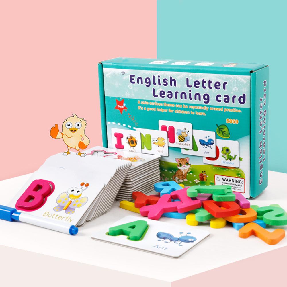 Vroeg Leren Speelgoed Houten Engels Alfabet Puzzel Flashcard Met Pen Verbeteren Baby Taalvaardigheid Engels Vermogen