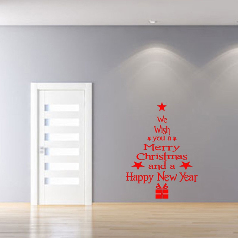 Merry Christmas Tree Wall Stickers Year Shop Window Wall Art Sticker Posters Happy Year Stars For Kids Home Decor