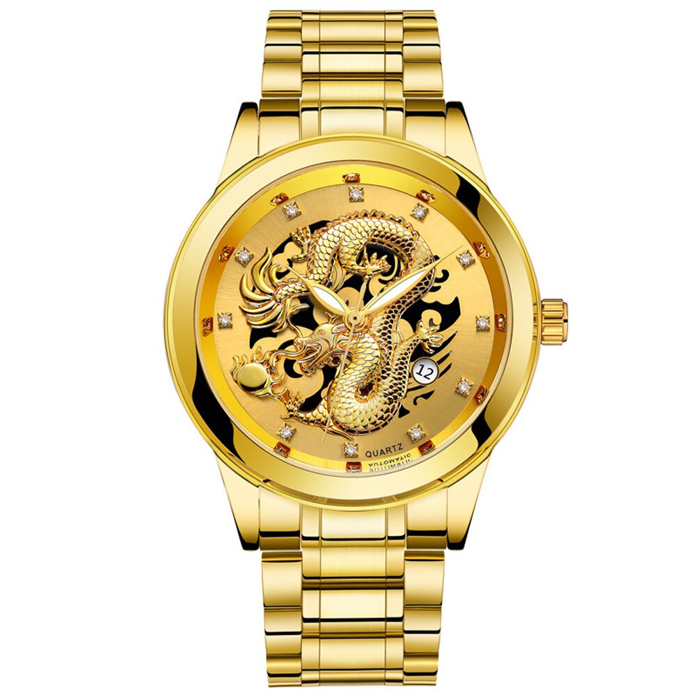 Waterdicht Heren Gouden Draak Sculptuur Quartz Horloge Luxe Mannen Steel Horloge Klok Mujer Vrouwen Horloges