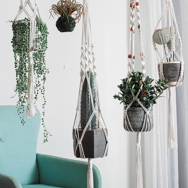 Linnen Opknoping Mand Bloempot Macrame Plant Hangers Indoor Outdoor Planter Tuin Katoenen Touw Weave Planter