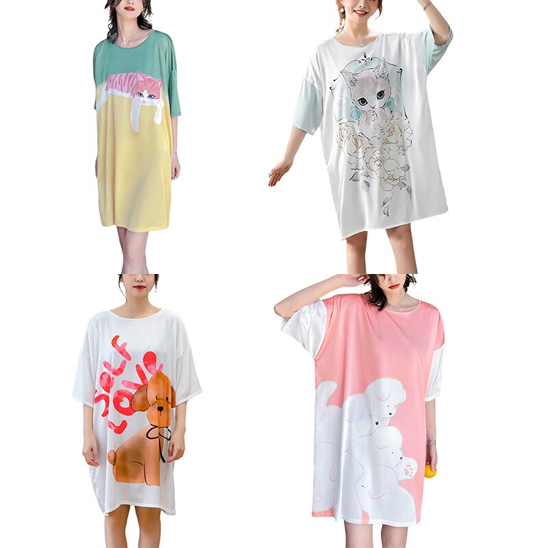 Summer Women\&#39;s Nightshirt Short Sleeve Sleepwear Cartoon Print Nightgowns O-Neck Comfy Sleep Shirt Sleepwear