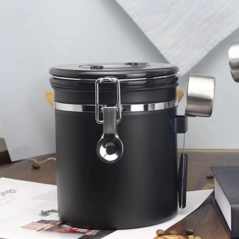 1.2/1.5/1.8L Coffee Canister With Scoop Airtight Coffee Container Stainless Steel Storage Canister Set For Coffee Beans Tea: BLACK X 1.5L