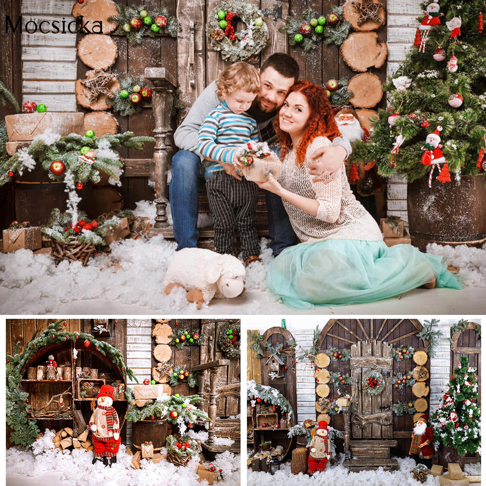 Træhus portrætbaggrund til jul julemanden sne voksen børn vinter festival baggrund foto jul familie fest dekoration