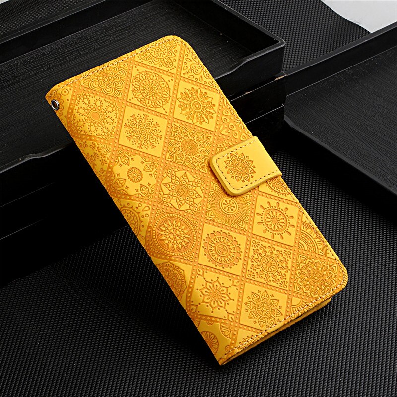 For Samsung A12 Case Leather Wallet On For Coque Samsung Galaxy A12 SM-A125F A 12 Flip Stand Floral Embossed Phone Cover Etui: Yellow