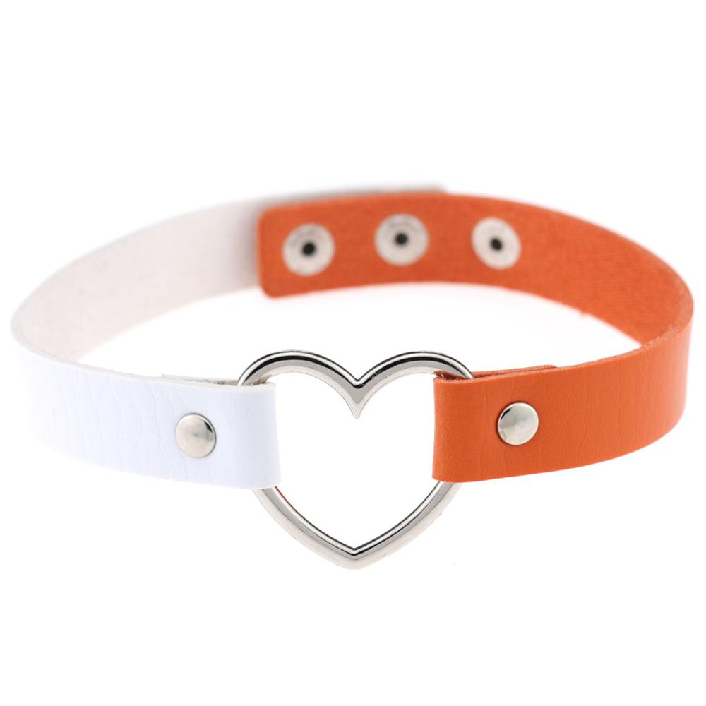 1PC Multi-Color Harajuku Punk Lady Gothic Leather Choker Heart Chain Spike Rivet Buckle Collar Necklace: white orange