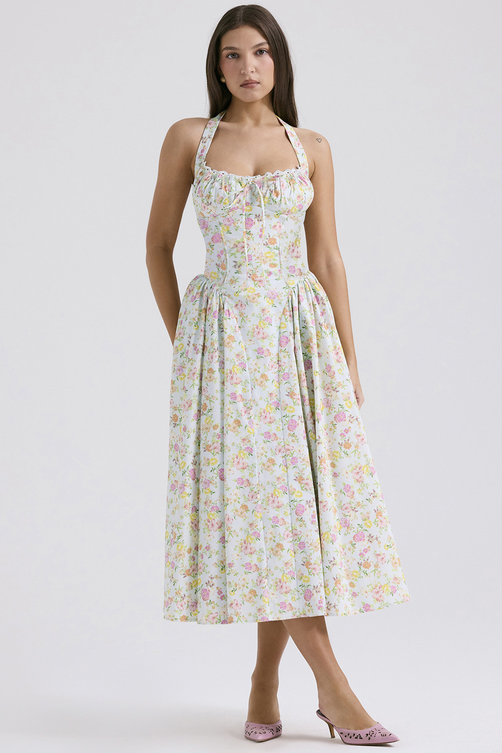 Vintage blomstret halterneck midi sommerkjole dame højtaljet pink blå sort rød kjole sommerkjoler kvinde fødselsdagskåbe: Xl / Khaki
