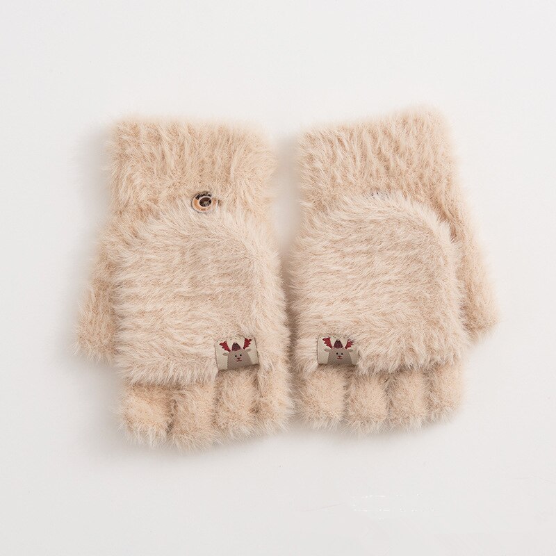 Crianças luvas de lã da criança do bebê inverno quente malha conversível flip topo dos desenhos animados luvas luvas do bebê luvas de inverno 2020: Beige