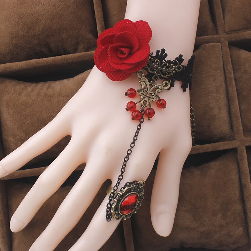 jewelry red rose flower cane temperament of crystal lolita lace bracelet with ring one opisthenar jewelry bracelet