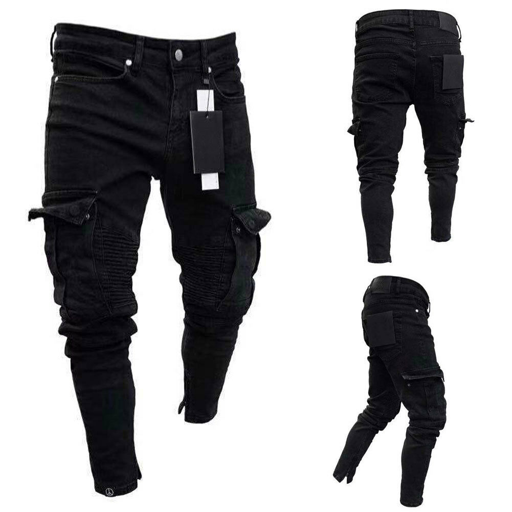 Black Jean Men Denim Skinny Biker Jeans Destroyed Frayed Slim Fit Pocket Cargo Pencil Pants Plus Size S-3XL