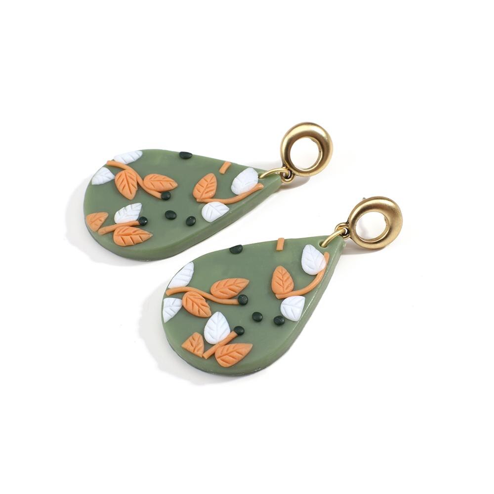 AMORCOME Unique Soft Polymer Clay Floral Dangle Earrings for Women Geometric Green Waterdrop Earrings Female Brincos: Default Title