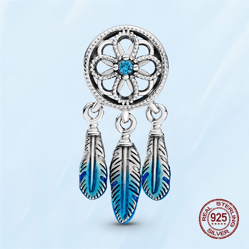 Zilver Charm 925 Sterling Zilver Blauw Dreamcatcher Charm Kralen Fit Originele Pan Armband Sieraden Voor Zusters En Vriendinnen