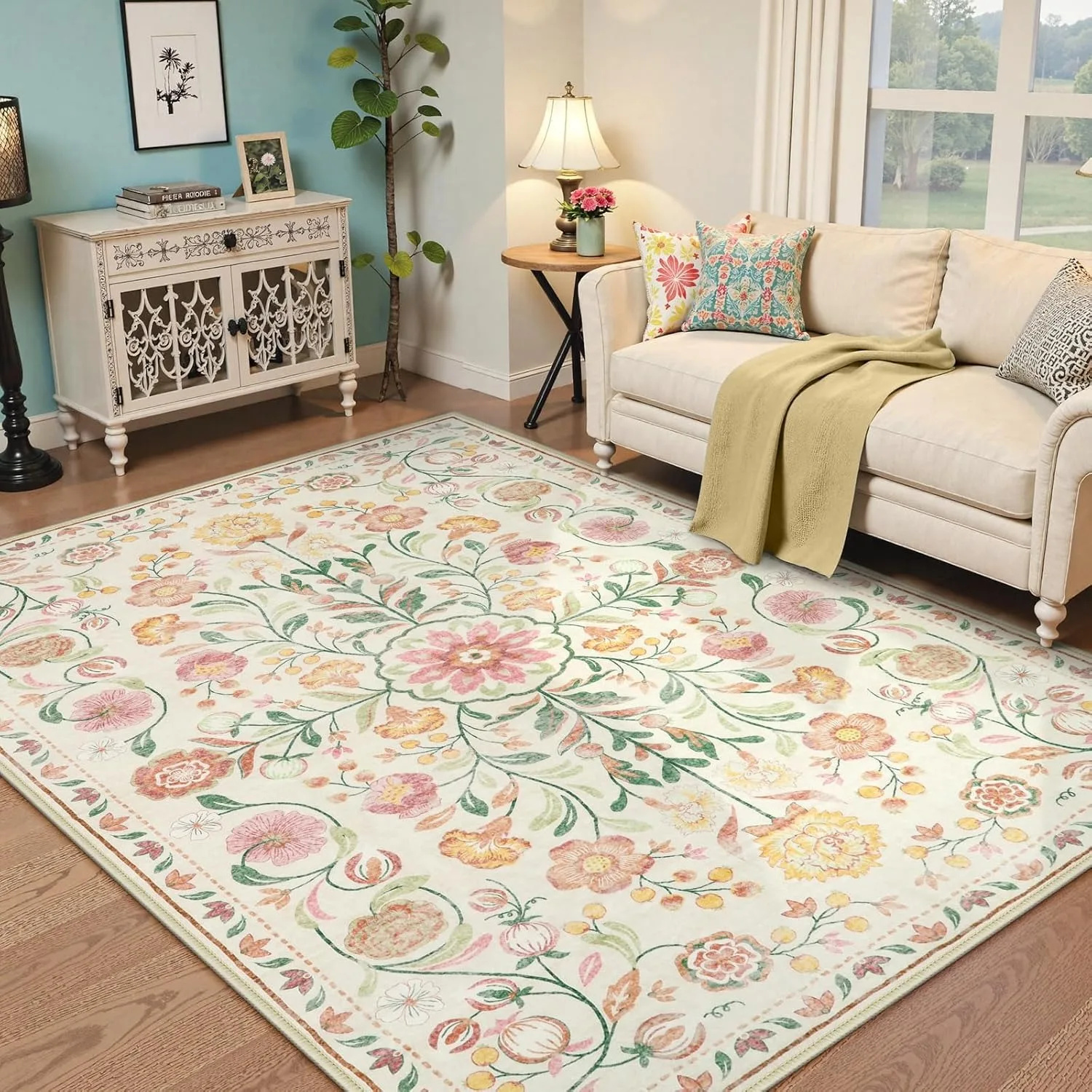 Tapis de salon bohème Vintage, lavable, vert vif, imprimé Floral, doux, antidérapant, pour Restaurant, décoration de sol: 91X152CM / Bourgogne