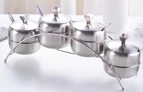 1SET Stainless Steel Seasoning pot Integrated Spice Salt Sugar Pepper Ajinomoto Jar with Cover Set OK 0649: White