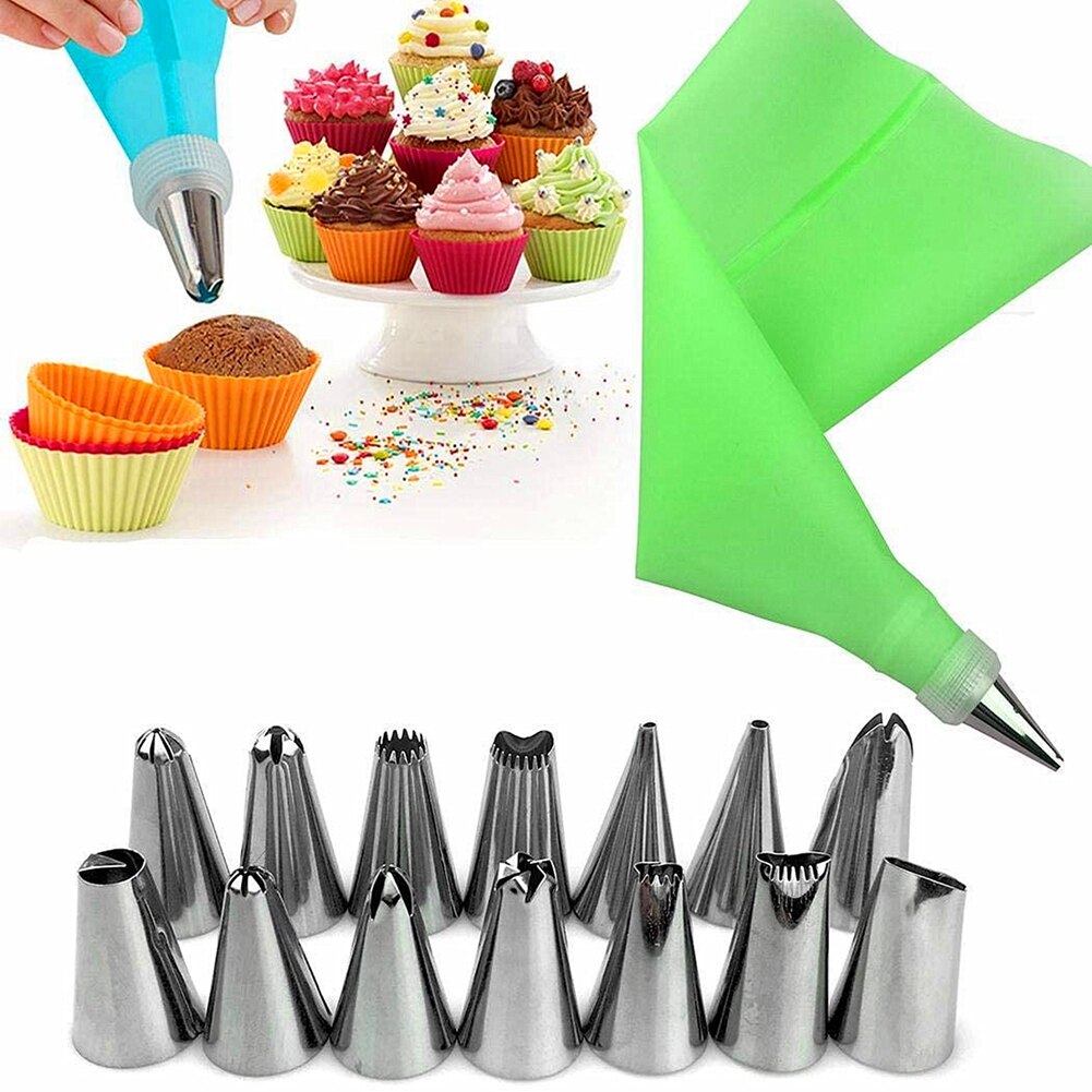 Aa 16 st/set verktyg för tårttillverkning, glasyrmunstycken + konditorivaror + omvandlarkopplingsverktyg för muffinsdekoration: D