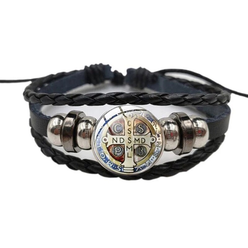 Katholieke Benedictus Exorcism Lederen Armband Nursia Benedictus Christian Patroon Glas Gesp Armband