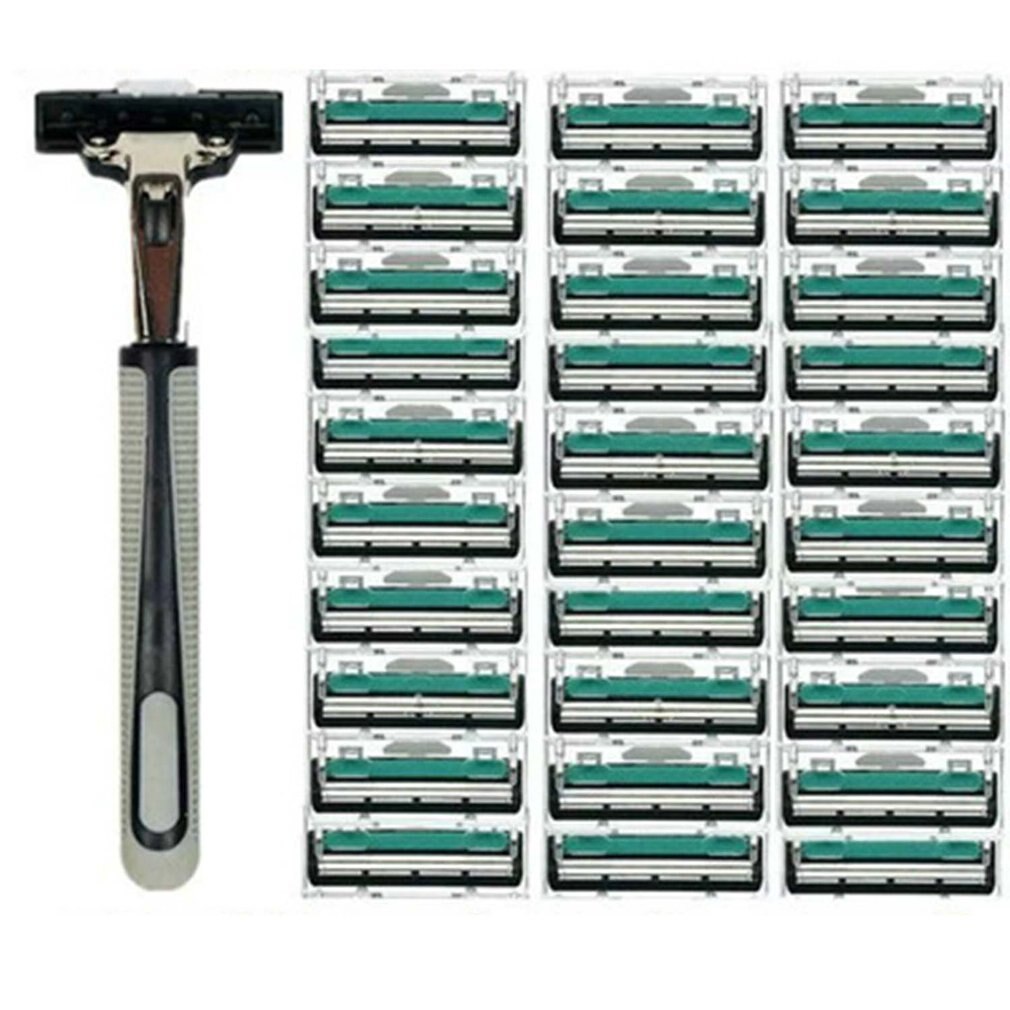 Manuel barbermaskine dobbeltlags barbermaskine 1 knivholder 30 skærehoved herre skæg kniv barbermaskine værktøj (med 30 blade): 1 håndtag 30 blade